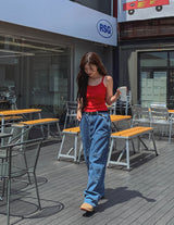 リッチダブルニーパッチストレートデニム