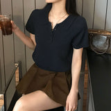 [MADE/4color] カラーネックブックル半袖ニット