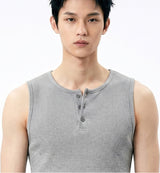 Ribbed Henley-Neck Sleeveless Top Gray