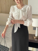 Marron Volume Ribbon Puff Blouse