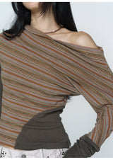 CONFUN Asymmetrical off-the-shoulder, laid-back and slimming base layer, striped knitted patchwork top