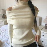 Hotin タートルネックショルダースリットオフショルダーニットウェア