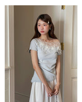 Asymmetrical Lace Trim Off-Shoulder Tee