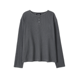 Layered Loose Waffle Henley Neck Long Sleeve Tee - FADE CHARCOAL