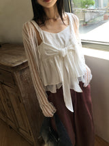Curon punching net button see-through long sleeve cardigan