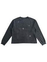 フロックデニムパッチワーク刺繍テキストプリントウォッシュ長袖Tシャツ