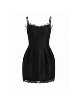 Fleurine Lace Ribbon Tulip Mini Dress Black