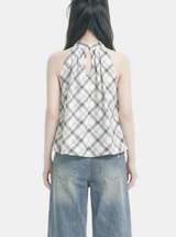 Check Ribbon Halter Blouse