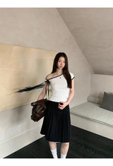 White line ribbed unbalanced off-shoulder top