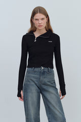 LOGO MIX UNBALANCE HALF ZIP-UP TOP - BLACK