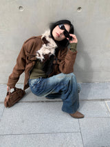Suede lace-up no-collar jacket