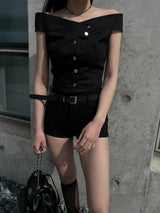 Deli off-shoulder button crop denim short sleeve T (3 colors)