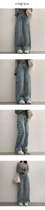 [Short, Basic/S-3XL] Cropped Banded Waist Wide Cargo Denim Pants