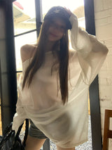 Boxy loose fit unbalanced shoulder long-sleeve T-shirt