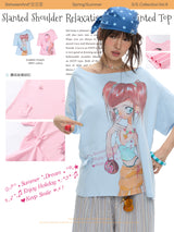 BETWEENAND Slouchy shoulder, lightweight, versatile short-sleeve T-shirt for women with cartoon girl print – summer version