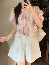 #Cancan Puff Shirring Short Sleeve Blouse (2color)