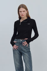 LOGO MIX UNBALANCE HALF ZIP-UP TOP - BLACK