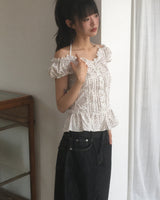 Badue Floral Strap Puff Short Sleeve Blouse