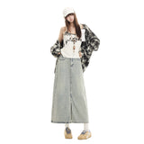 Minimalist Light Wash Slit Denim Maxi Skirt
