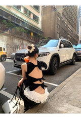 Rose Black Backless Sleeveless T-shirt