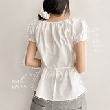 Itf Side Line Shirring Strap Button Short Sleeve Blouse (3 colors)