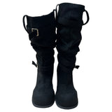 Rustle Buckle Strap Soft Slouch Suede Long Boots