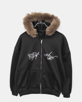 Lahin Printed Oversized Faux Fur Hood Zip-Up