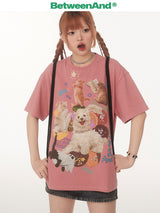 BETWEENAND サマードーパミンオリジナルリバティキャットアンドドッグプリンティド半袖Tシャツフィメールクリエイティブラウンドネックシャツフィメール