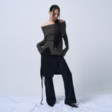 RIBBED OFF-SHOULDER KNIT(CHARCOAL KHAKI)