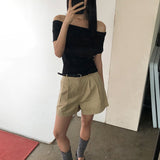 [Ahedin] Ribbed Off-Shoulder Short-Sleeve T-Shirt - 4 Colors