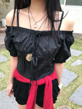 Lovely Note Two-Way Square Neck Off Shoulder Ribbon BLouse