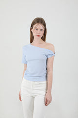Off Shoulder Twist Half-Sleeve T-shirt Sky Blue