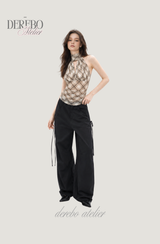 Shphone check holder neck mint-sleeved blouse Top 