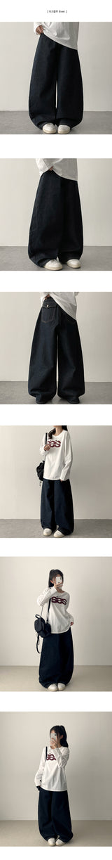 [Short & Basic Selection*] Ig Back Pocket Balloon Fit Raw Fabric Denim Wide Pants