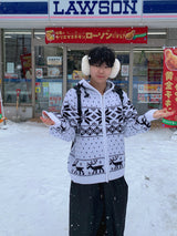 Snowflake Nordic wool knit hooded zip-up