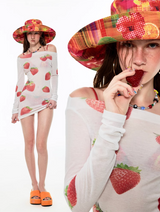 インストック 🍓ボートネックストロベリープリントミニボディコンドレスオアトップ