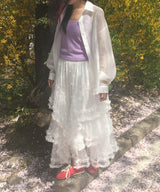Aronoi Sheer Asymmetrical Floral Lace Tiered Skirt (2 Colors)