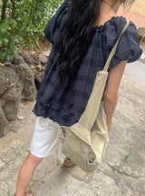 Ame Check Off-Shoulder Frill Short Sleeve Blouse