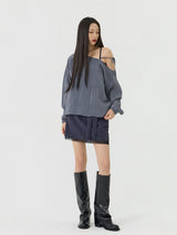 One-shoulder Blanc Ribbon Shirring Detail Top, Charcoal