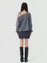 One-shoulder Blanc Ribbon Shirring Detail Top, Charcoal