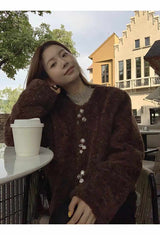 wool no collar brown button fur jacket