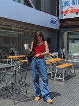 リッチダブルニーパッチストレートデニム