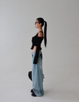 off-shoulder cut-out zip-up knitwear T-shirt