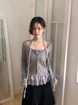 BN チェック フリル ビスチェ＋カーディガン＋タイ セット (3color)