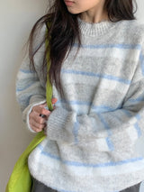 ラベッツ ヘアリーストライプ ウール ラウンドニット