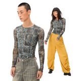 Printed slim-fitting cropped ultra-thin mesh skin garment