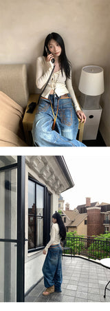 Pocket Embroidery Straight Long Denim Pants