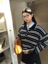 Rugby striped loose fit collar knitwear