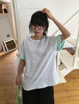 [unisex] Blanc Loose Fit Sleeve Color Matching Button Roll-Up Short Sleeve T-shirt