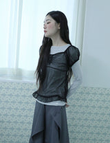 DOT SHIRRING BLOUSE(BLACK)